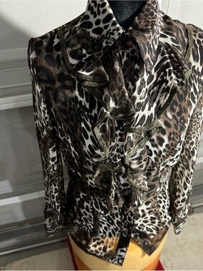 Unk Brown and White Leopard Print Ruffle Blouse